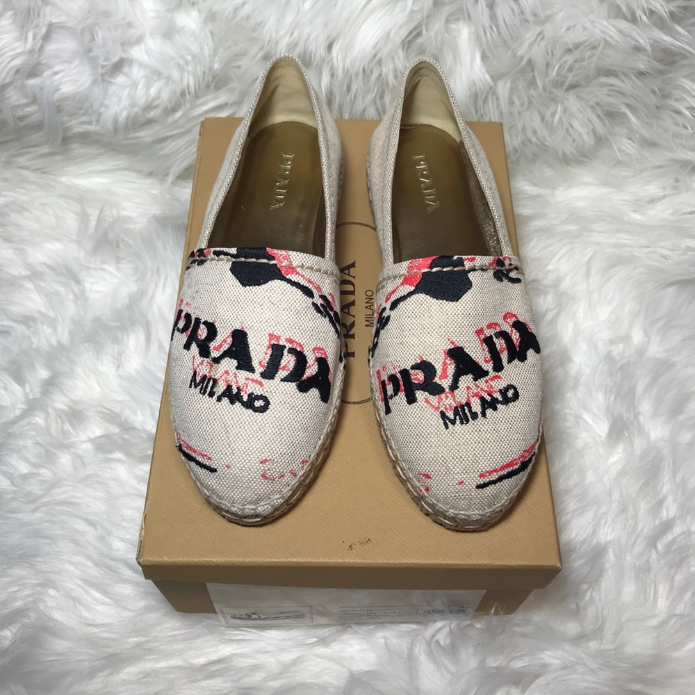 Prada Embroidered Logo Canvas Espadrille Flats